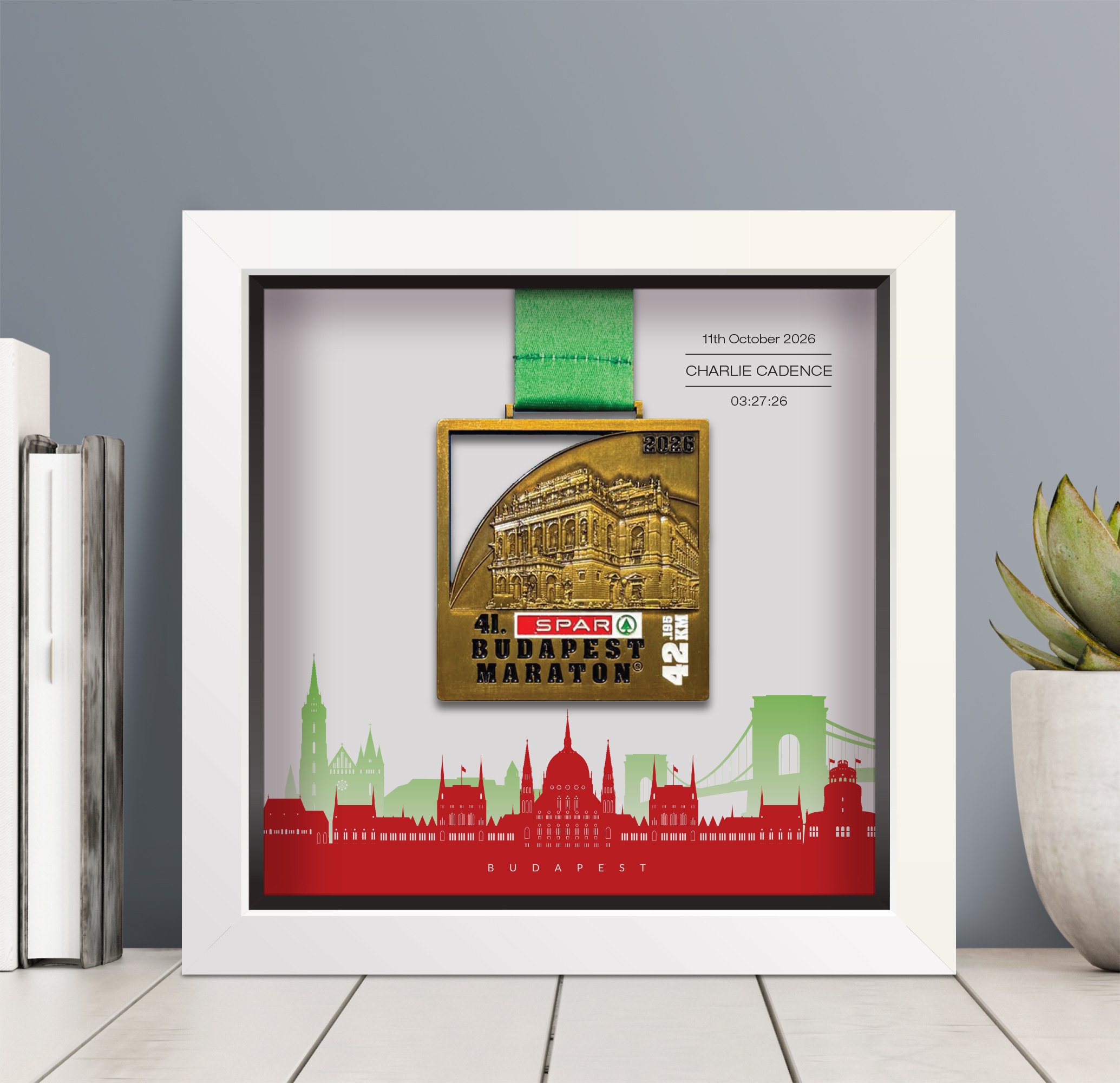 Budapest Marathon Medal White frame mock-up (Red Green) 26 Budapest Marathon Personalised Marathon frame